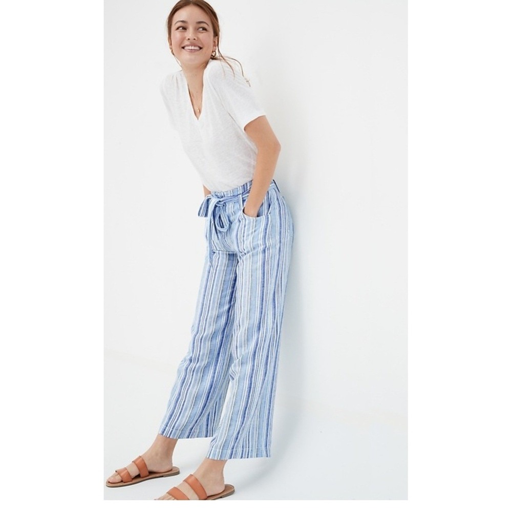 Gap Pants Womens 12 Blue Striped Wide Leg Linen Paperbag Waist Tie Trousers*